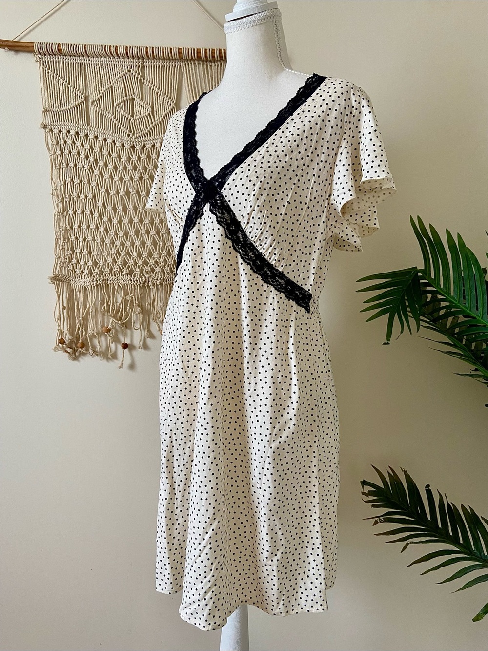 Old Navy Fit & Flare Crepe Lace-Trim Mini Black & White Polka Dot Dress